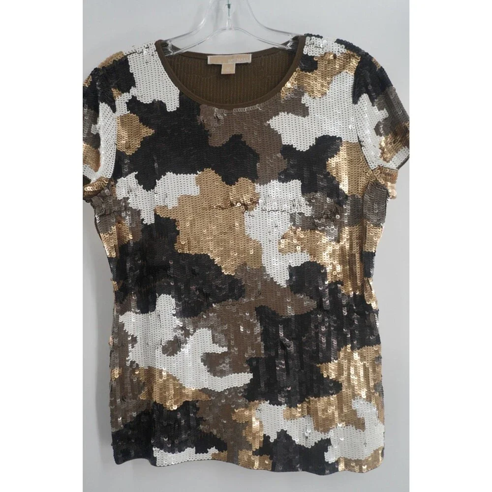 MICHAEL Michael Kors Camou Sequin Tee Gold BLK White Sparkle Glitzy Chic Top SzM